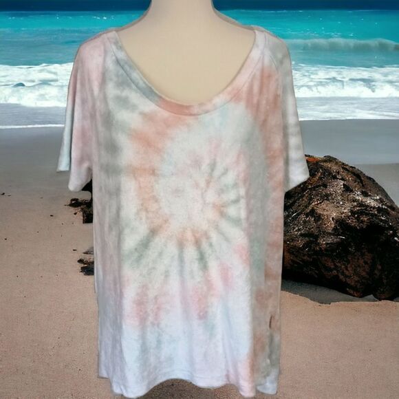 Tie Dye Terry Cloth Top L Relaxed Short Sleeve Beachy Coastal Pastels Hippie.  C - Picture 1 of 15